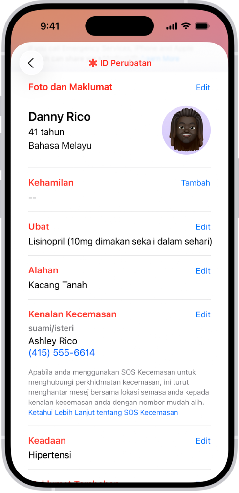 Skrin ID Perubatan mengandungi maklumat termasuk tarikh lahir, ubat, alergi, kenalan kecemasan dan keadaan perubatan.