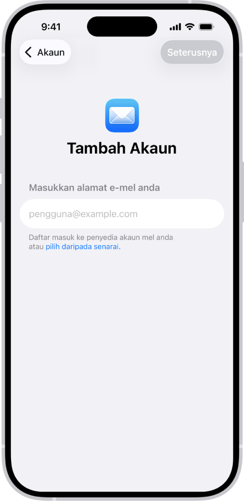Skrin Tambah Akaun dengan medan untuk memasukkan alamat e-mel anda.