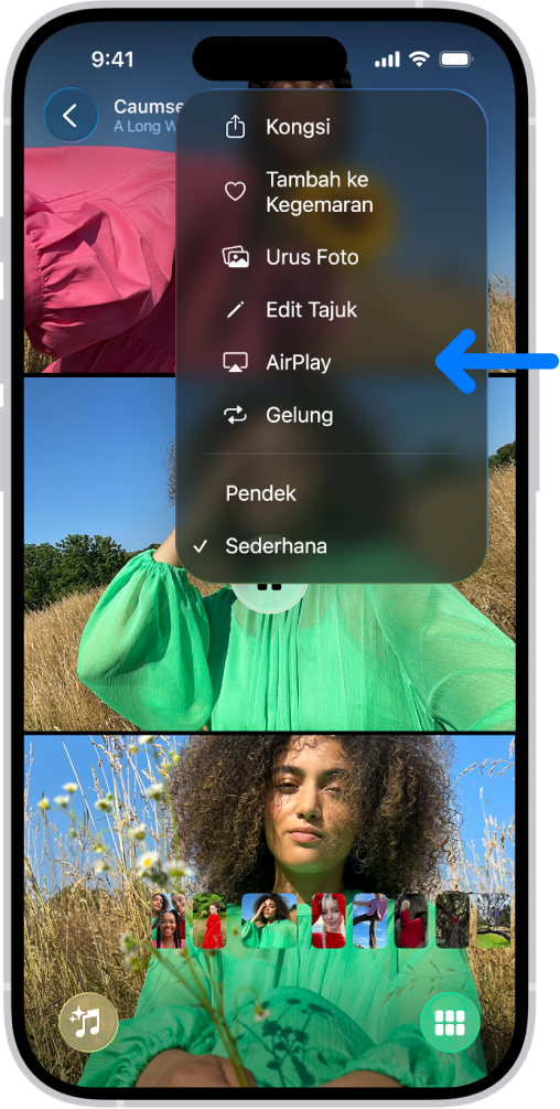 Tayangan slaid dalam app Foto dimainkan pada iPhone. Di bahagian kanan atas skrin ialah menu timbul, dengan pilihan untuk memilih AirPlay.