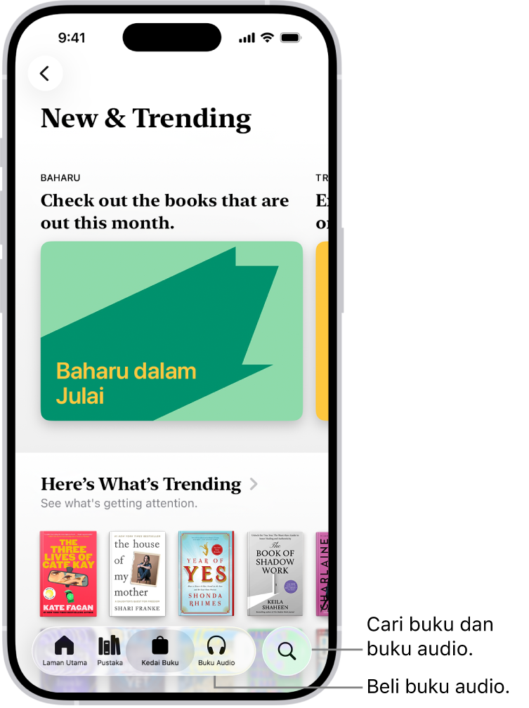 Skrin Kedai Buku dalam app Buku. Di bahagian bawah skrin ialah, dari kiri ke kanan, tab Laman Utama, Pustaka, Kedai Buku, Buku Audio dan Cari. Tab Kedai Buku dipilih.