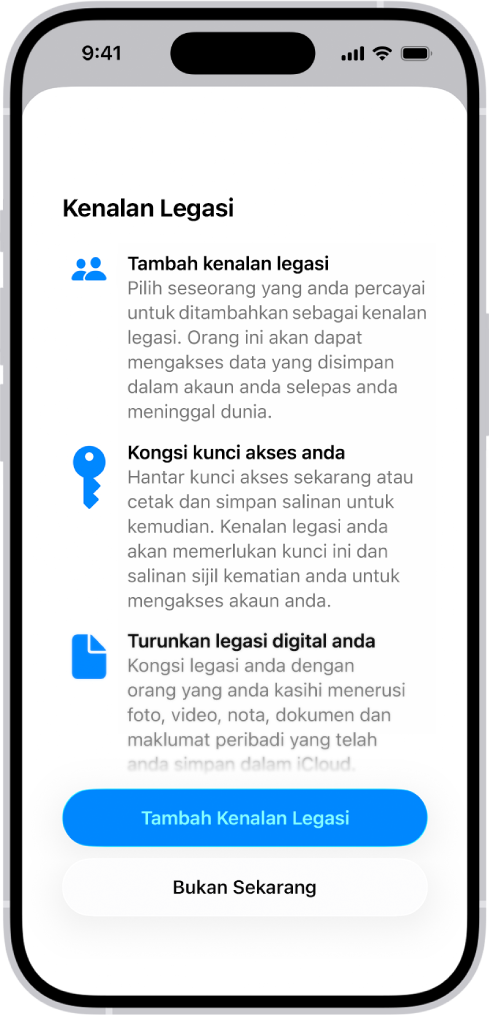 Skrin Tambah Kenalan Pemulihan menunjukkan kenalan cadangan sebagai kenalan pemulihan dan pilihan untuk memilih orang lain.