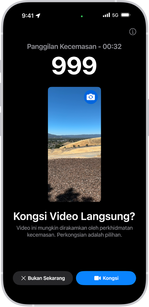 Skrin Video Langsung SOS Kecemasan menunjukkan panggilan telefon kecemasan 911 dengan pratonton video di bahagian tengah. Di bahagian bawah ialah butang Bukan Sekarang dan Kongsi Video.
