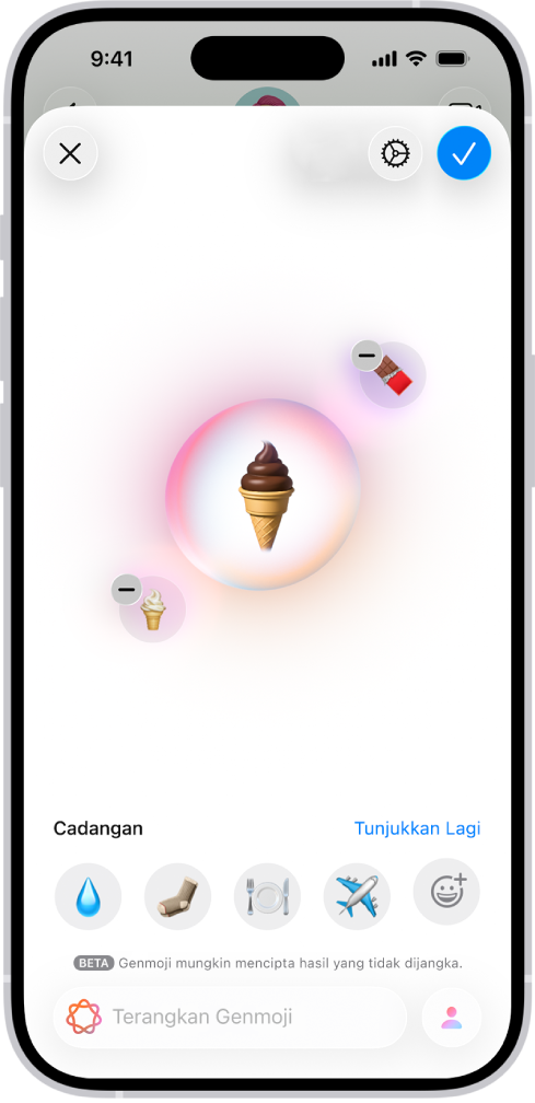 Tetingkap Genmoji menunjukkan Genmoji kon aiskrim yang dicipta.