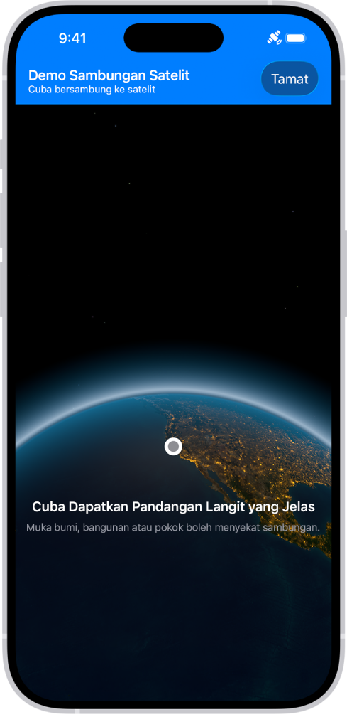Demo sambungan satelit, tersedia dalam app Seting, menyediakan pratonton perkara yang anda lihat apabila anda membuka app Mesej pada iPhone 14 atau lebih baharu dan tiada liputan selular atau Wi-Fi.