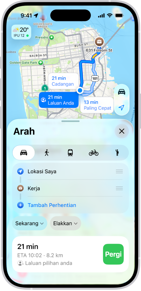 iPhone menunjukkan peta dengan beberapa pilihan laluan memandu ke destinasi yang sama. Setiap laluan menunjukkan anggaran masa dan jarak, serta butang Pergi untuk memulakan arahan pusingan demi pusingan. Pengekodan warna pada setiap laluan menunjukkan keadaan trafik.
