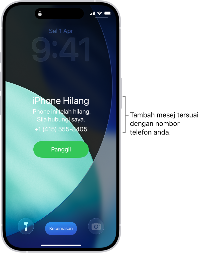 Skrin Kunci iPhone dengan mesej iPhone yang hilang. Anda boleh menambah mesej tersuai dengan nombor telefon anda.