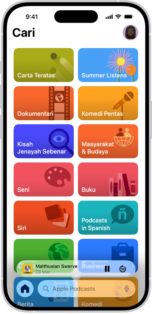 Tab Cari dalam app Podcast, menunjukkan kategori podcast. Di bahagian bawah skrin ialah Pemain Mini. Di bawahnya ialah butang Laman Utama, Baharu, Pustaka dan Cari.