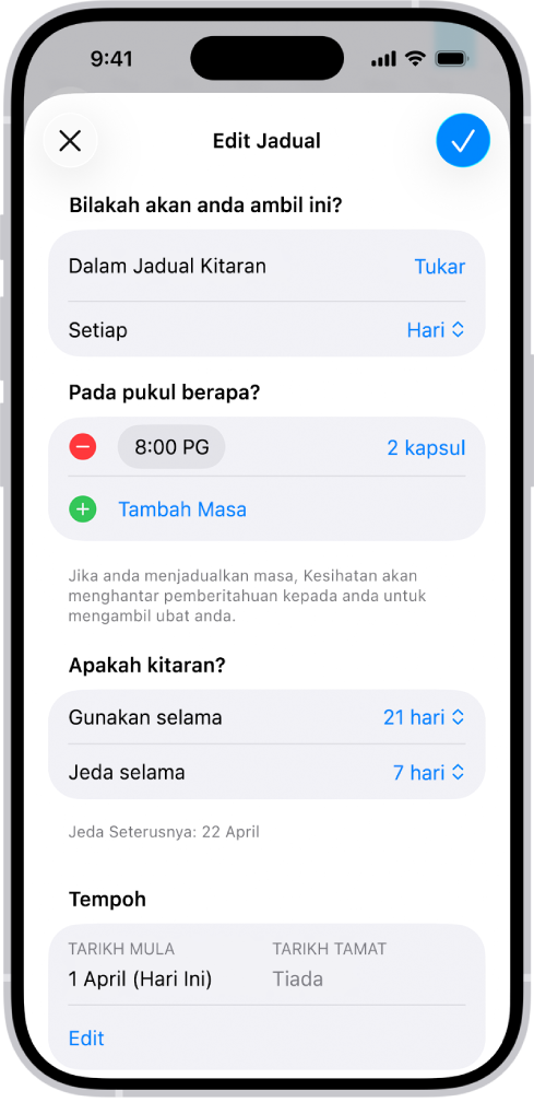 Skrin Ubat dalam Kesihatan menunjukkan pilihan untuk mengubah jadual untuk ubat.