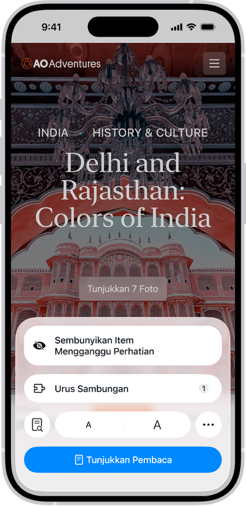 Dalam Safari, butang Menu Halaman pada tapak web telah diketik, mendedahkan pilihan termasuk Urus Sambungan berdekatan bahagian bawah skrin.