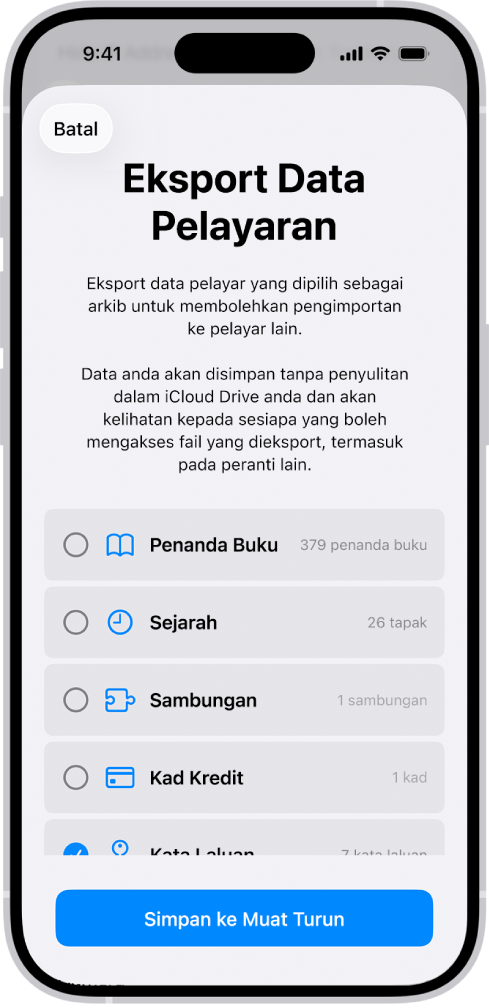 Skrin Eksport Data Pelayaran dengan pilihan Kata Laluan dipilih untuk mengeksport ke pengurus kata laluan lain.