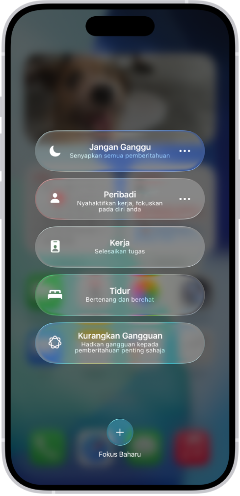 Pusat Kawalan menunjukkan pilihan Fokus, dengan butang untuk mengesetkan tempoh pilihan Fokus.