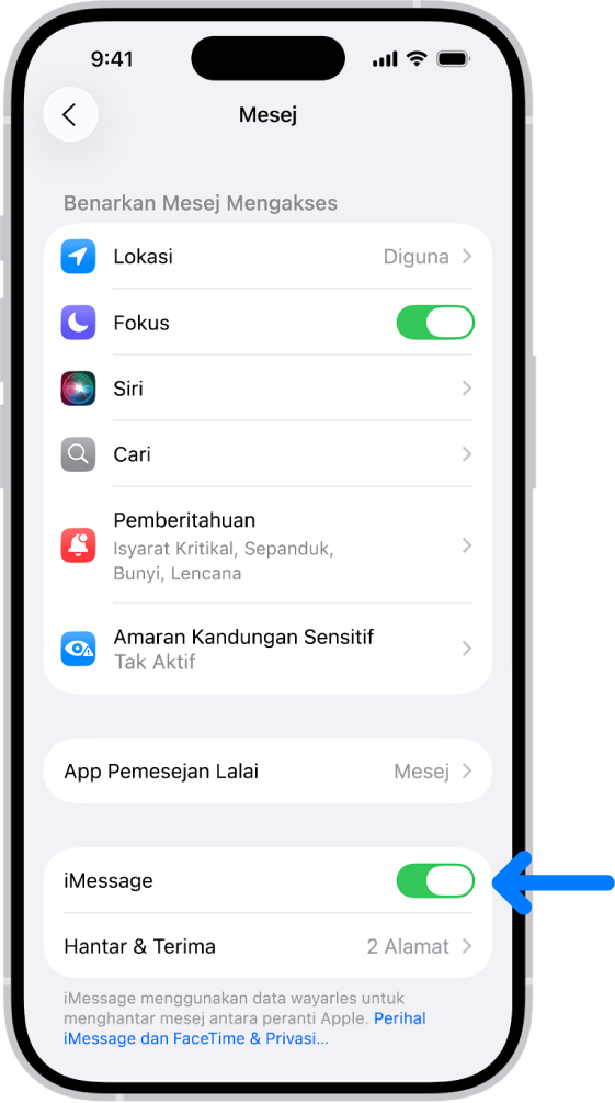 Anak tetingkap seting Mesej dengan iMessage diaktifkan.