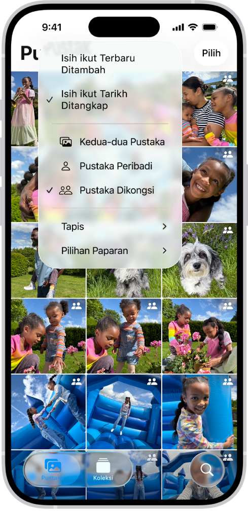 Pustaka Foto Dikongsi iCloud dalam app Foto. Butang Pustaka Dikongsi di penjuru kiri bawah dipilih dan Pustaka Dikongsi dipilih dalam senarai pilihan pustaka. Semua foto yang dipaparkan dalam pustaka mempunyai lencana pustaka dikongsi di penjuru kanan atas.