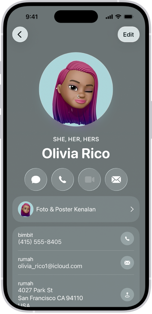 Kenalan bernama Olivia Rico dengan kata ganti nama She, Her dan Hers di bawah foto kenalan. Di bawah namanya ialah butang untuk menghantar mesej, panggilan, mel dan menggunakan Apple Pay. Di bahagian bawah skrin ialah nombor telefon dan alamat e-mel kenalan.