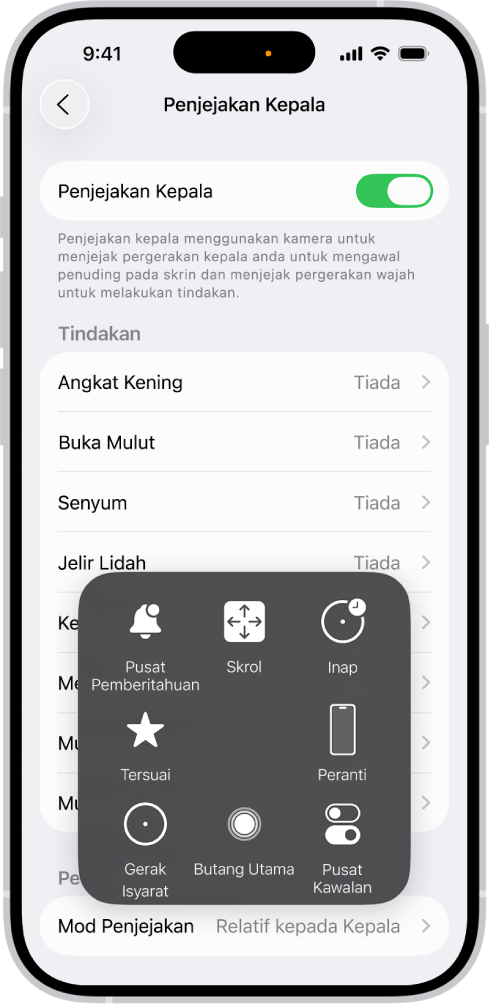 iPhone dengan penjejakan kepala diaktifkan. Menu AssistiveTouch kelihatan, menunjukkan kawalan untuk Pusat Pemberitahuan, Skrol, Inap, Peranti, Pusat Kawalan, Utama, Gerak Isyarat dan Tersuai.