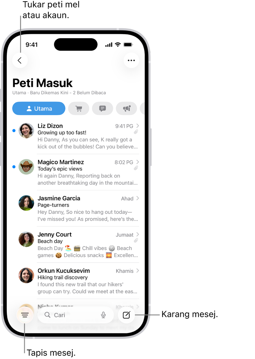 Peti Masuk Mail, menunjukkan senarai e-mel.