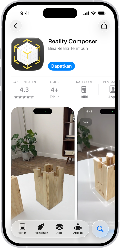 Halaman maklumat untuk app dalam App Store. Halaman menunjukkan butang Dapatkan, penilaian, penilaian umur, pembangun, gambar skrin dan banyak lagi. Di bahagian bawah, dari kiri ke kanan, terdapat butang berikut: Hari Ini, Permainan, App, Arcade dan Cari.