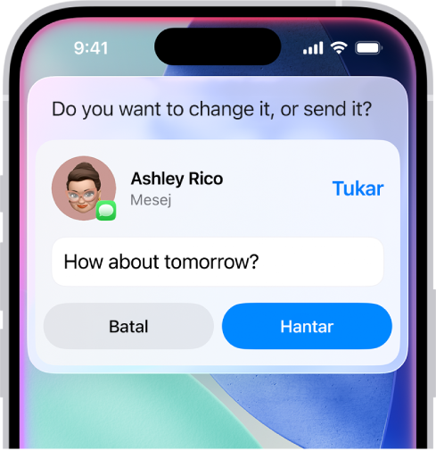 iPhone menunjukkan respons daripada Siri di bahagian atas skrin dalam bentuk mesej teks sedia untuk dihantar.