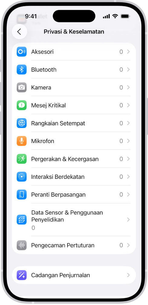Skrin Privasi & Keselamatan, dengan seting untuk mengawal sama ada app boleh menggunakan kamera, mikrofon dan bahagian lain iPhone anda.