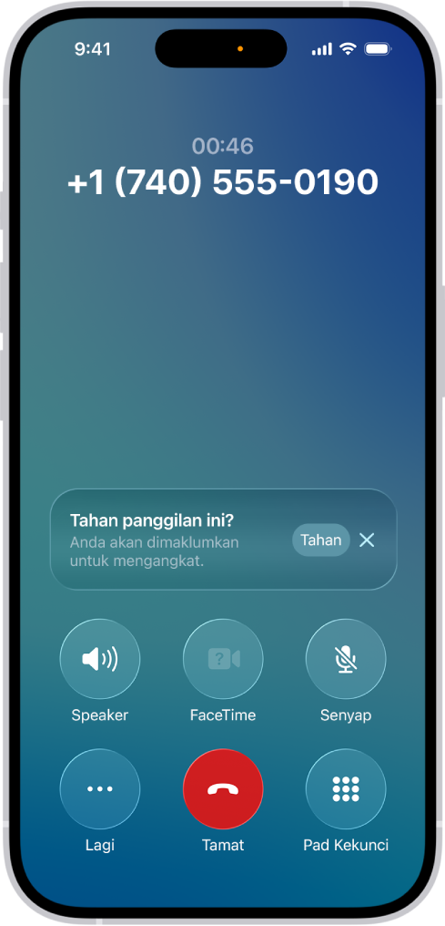 App Telefon menunjukkan panggilan sedang berlangsung pada skrin iPhone. Di tengah skrin ialah pemberitahuan yang bertanya sama ada untuk menahan panggilan dan dimaklumkan masa untuk menjawab. Dalam pemberitahuan ialah butang Tahan dan butang Tutup.