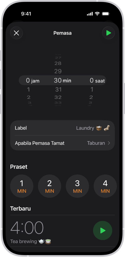 Skrin untuk menambah pemasa, dengan seting untuk mengeset pemasa dan butang untuk memulakan pemasa yang dicipta baru-baru ini.