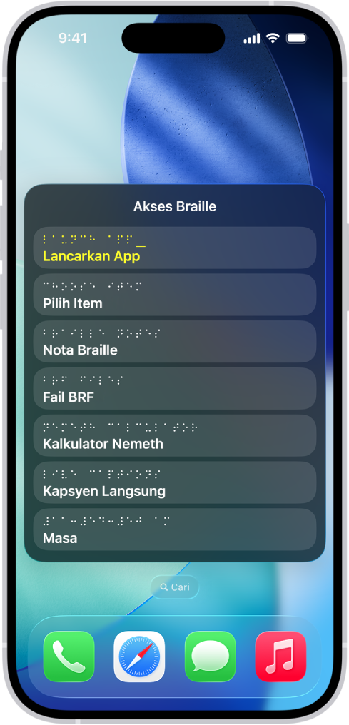 iPhone dengan menu Akses Braille dibuka, menunjukkan pilihan berikut: Lancarkan App, Pilih Item, Nota Braille, Fail BRF, Kalkulator, Kapsyen Langsung dan Masa.