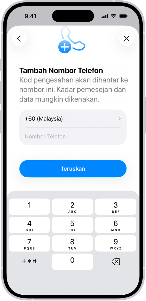 Skrin Tambah Nombor Telefon dalam Seting.