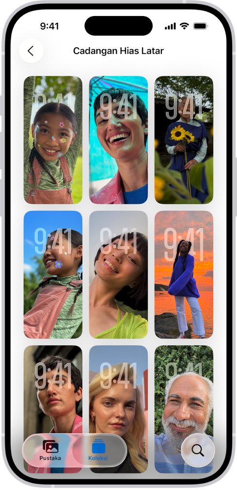 Cadangan Hias Latar dibuka dalam app Foto. Gabungan foto, kesan penapis dan fon muka jam yang dijana secara automatik kelihatan dalam grid cadangan.