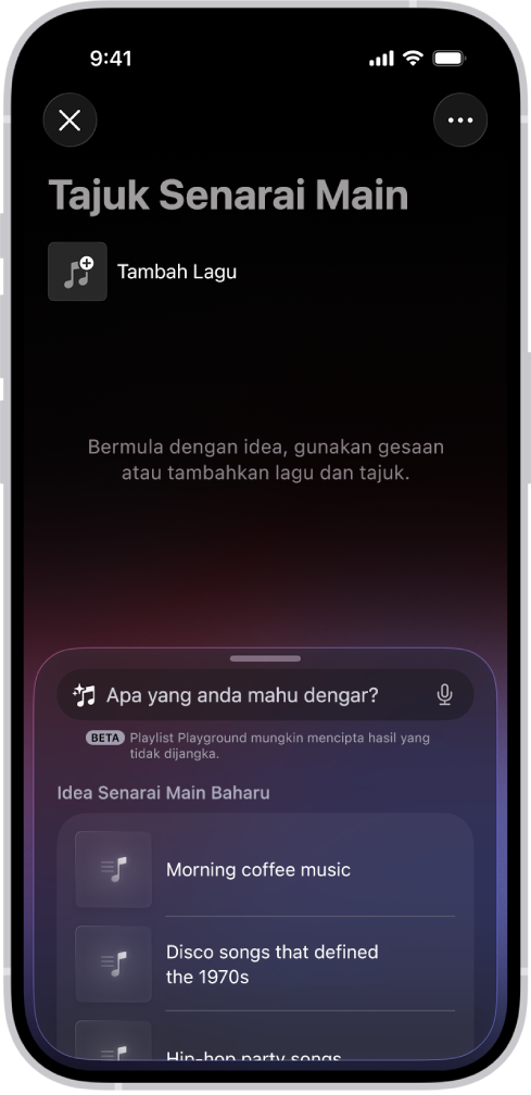 Skrin app Apple Music menunjukkan halaman penciptaan Playlist Playground dengan tajuk, butang manual untuk menambah lagu dan bar carian dengan cadangan senarai main seperti “Muzik kopi pagi”.