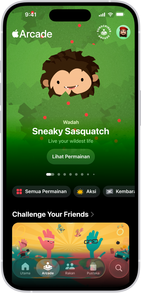 App Apple Games menunjukkan tab Arcade, yang menampilkan karya seni promosi untuk permainan yang dipamerkan. Di bahagian bawah skrin ialah tab untuk Utama, Arcade, Rakan, Pustaka dan Cari. Tab Arcade dipilih.
