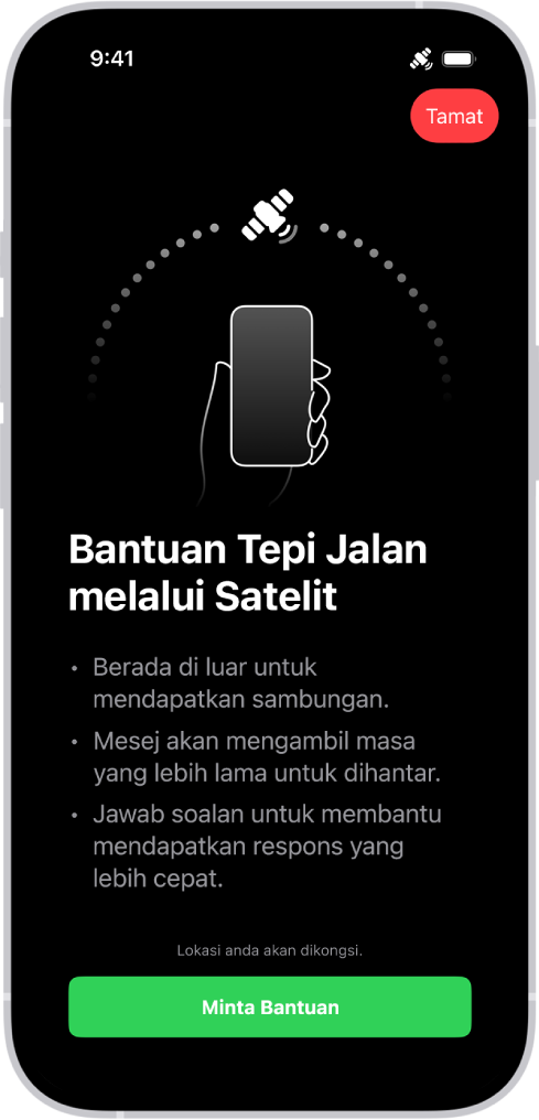 Skrin Bantuan Tepi Jalan melalui satelit. Butang Minta Bantuan berada di bahagian bawah skrin.