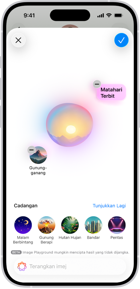 Tetingkap Image Playground dalam app Mesej menunjukkan latar belakang yang dicipta.