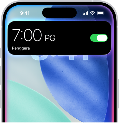 iPhone menunjukkan respons daripada Siri di bahagian atas skrin dalam bentuk penggera diaktifkan.