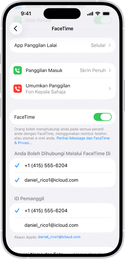 Skrin Seting FaceTime, menunjukkan pilihan App Panggilan Lalai, kawalan untuk mengaktifkan atau menyahaktifkan FaceTime dan nombor telefon dan alamat e-mel yang anda boleh dihubungi.