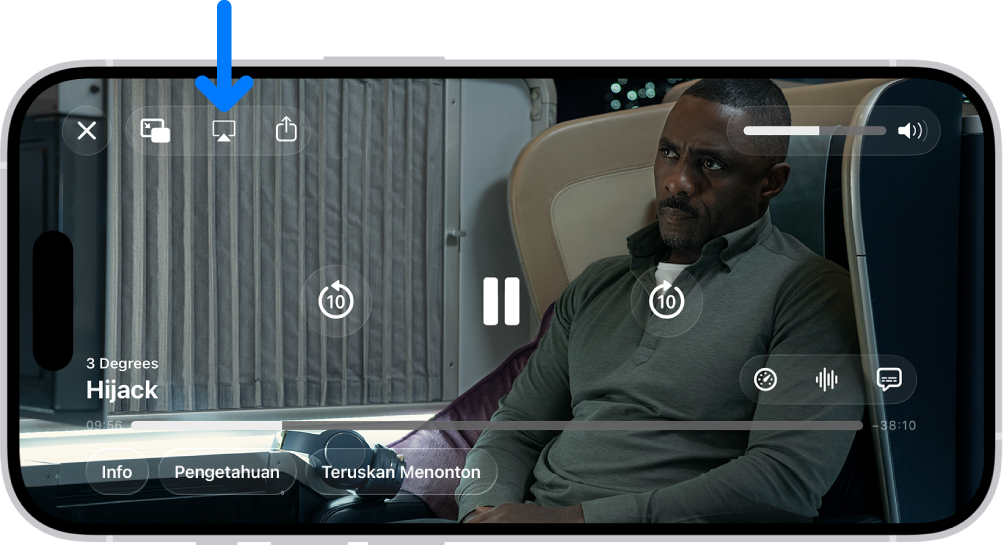 Filem dimainkan pada skrin iPhone. Di bahagian tengah skrin ialah kawalan main balik. Butang AirPlay berada berdekatan bahagian kiri atas.