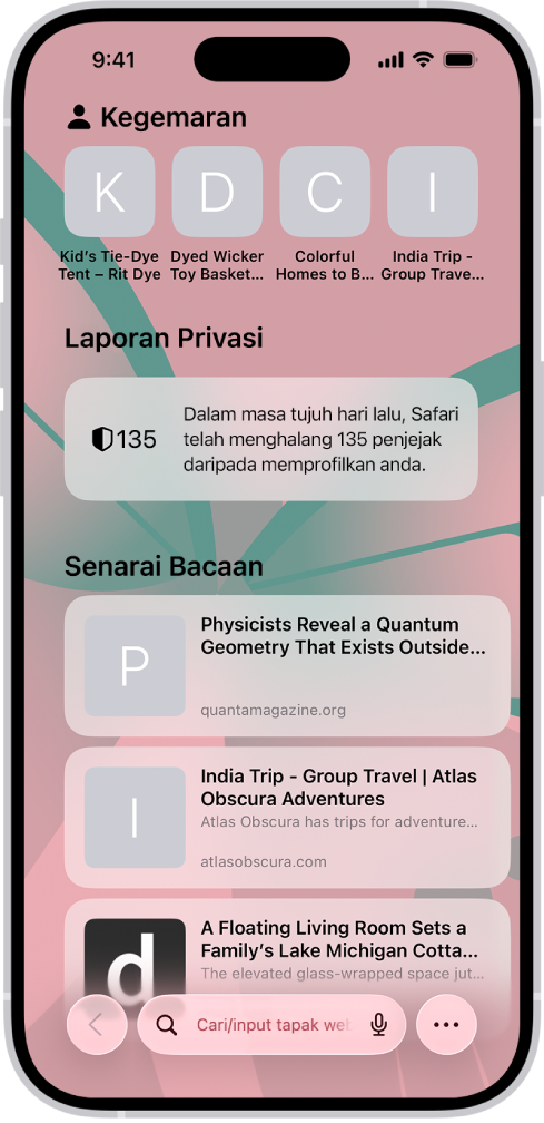 Halaman mula dalam Safari, yang menunjukkan tapak web kegemaran, Laporan Privasi dan tapak web yang disimpan ke Senarai Bacaan anda.