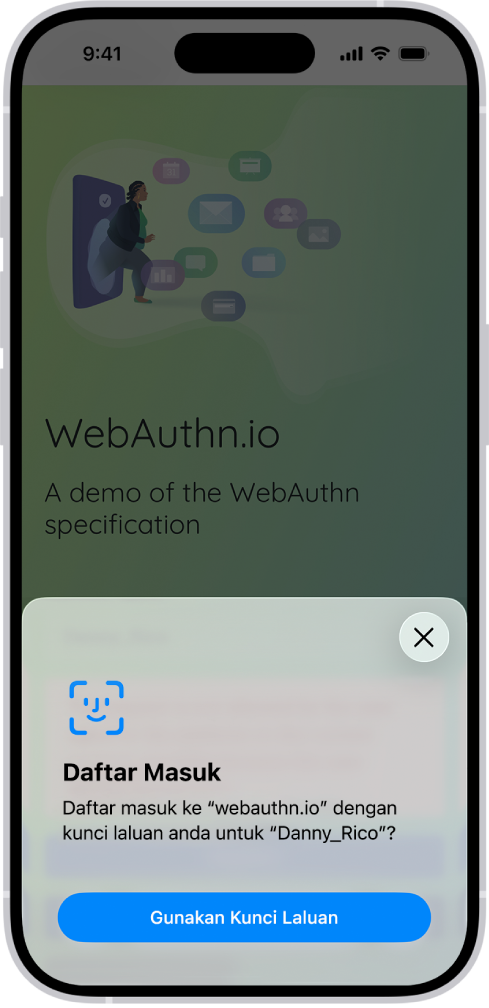 Separuh bawah skrin iPhone menunjukkan pilihan untuk menggunakan kunci laluan bagi mendaftar masuk ke tapak web.