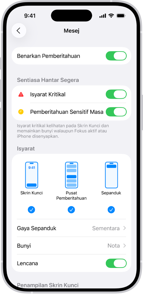 Seting Pemberitahuan Mesej dalam Seting.
