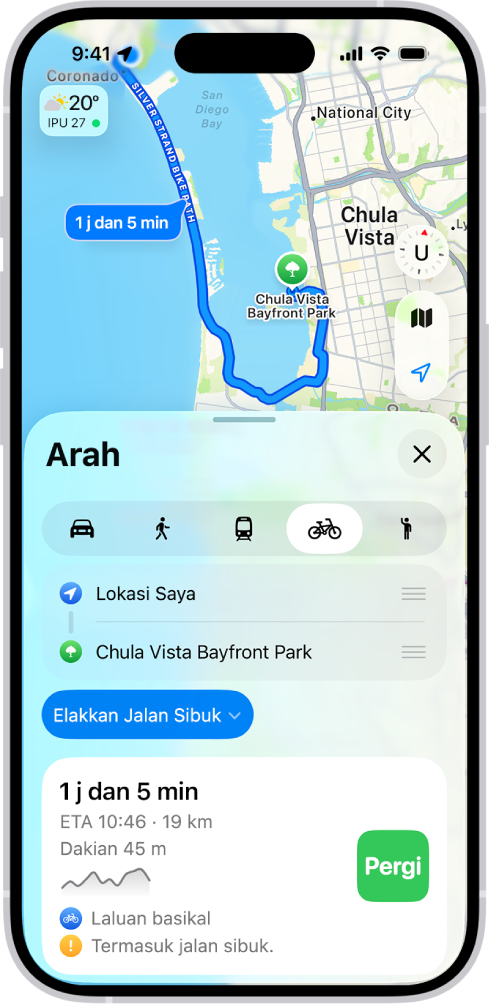 Peta menunjukkan pilihan laluan berbasikal. Kad laluan di bahagian bawah memberikan butiran, termasuk anggaran masa perjalanan, perubahan ketinggian dan jenis jalan. Butang Pergi kelihatan di sebelah kanan butiran.