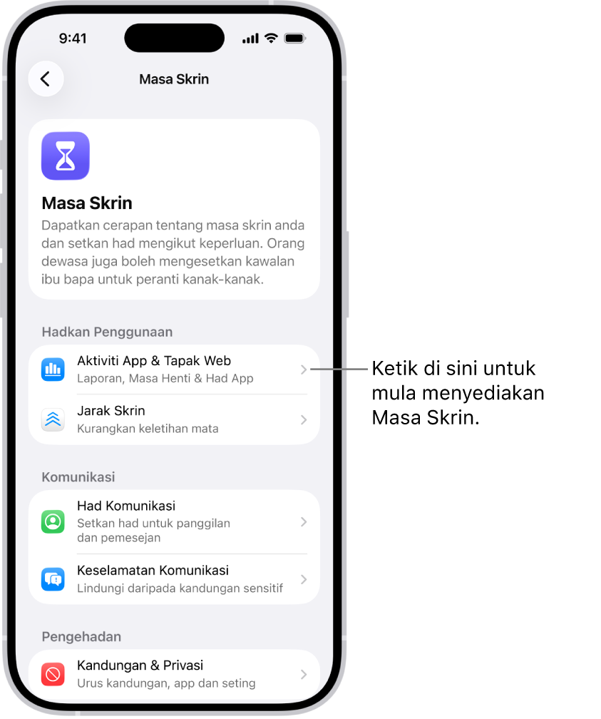 Skrin untuk menyediakan Masa Skrin, menunjukkan yang anda mengetik Aktiviti App & Tapak Web untuk bermula.