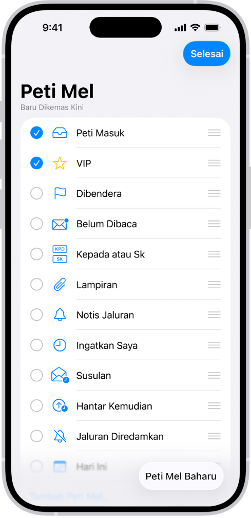 Skrin edit Peti Mel. Peti Mel pilihan disenaraikan dari bahagian atas ke bawah dengan kotak semak di sebelah kiri setiap pilihan. Di penjuru kanan bawah skrin ialah butang yang dilabelkan sebagai Peti Mel Baharu.