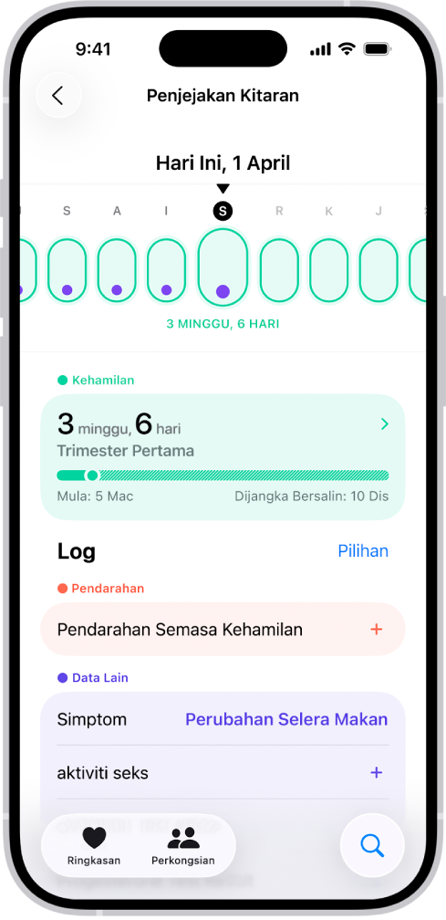Skrin Penjejakan Kitaran menunjukkan garis masa kehamilan untuk seminggu di bahagian atas skrin. Bujur hijau terang dan titik ungu menandakan 5 hari pertama pada garis masa. Bujur hijau terang bergaris putus menandakan hari lain pada garis masa. Di bawah garis masa ialah ringkasan kehamilan yang menunjukkan umur gestasi, tarikh mula dan anggaran tarikh jangka. Di bawah ringkasan kehamilan ialah pilihan untuk menambah maklumat tentang pendarahan semasa hamil, simptom dan banyak lagi.