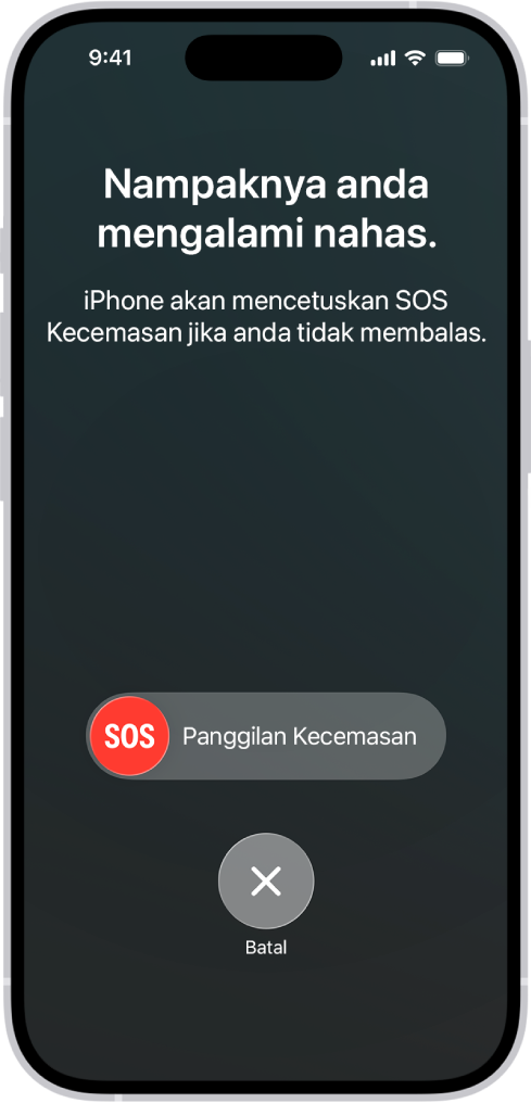 Skrin Pengesahan Nahas menunjukkan pemberitahuan yang anda mengalami nahas, di bawahnya ialah gelangsar SOS Panggilan Kecemasan dengan butang batal.