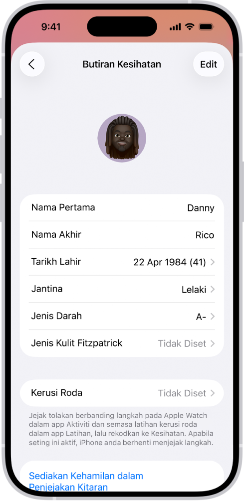 Skrin Butiran Kesihatan, yang termasuk medan untuk nama, tarikh lahir, jenis darah dan maklumat lain.