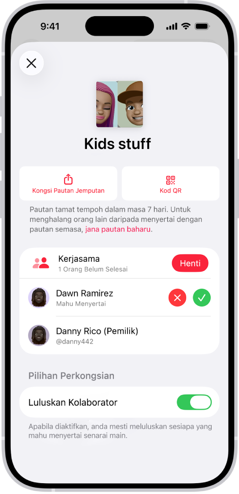 Skrin Urus Kerjasama dalam app Muzik.