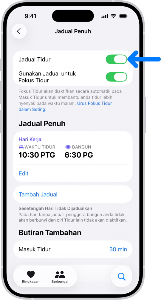 Skrin tidur Jadual Penuh dalam Kesihatan dengan Jadual Tidur diaktifkan di bahagian atas.