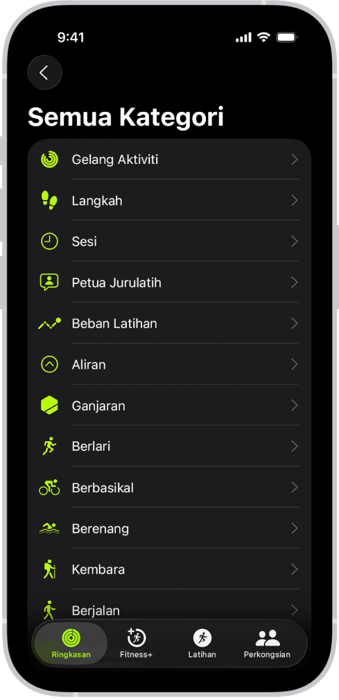 Skrin Kecergasan menunjukkan senarai kategori kecergasan.