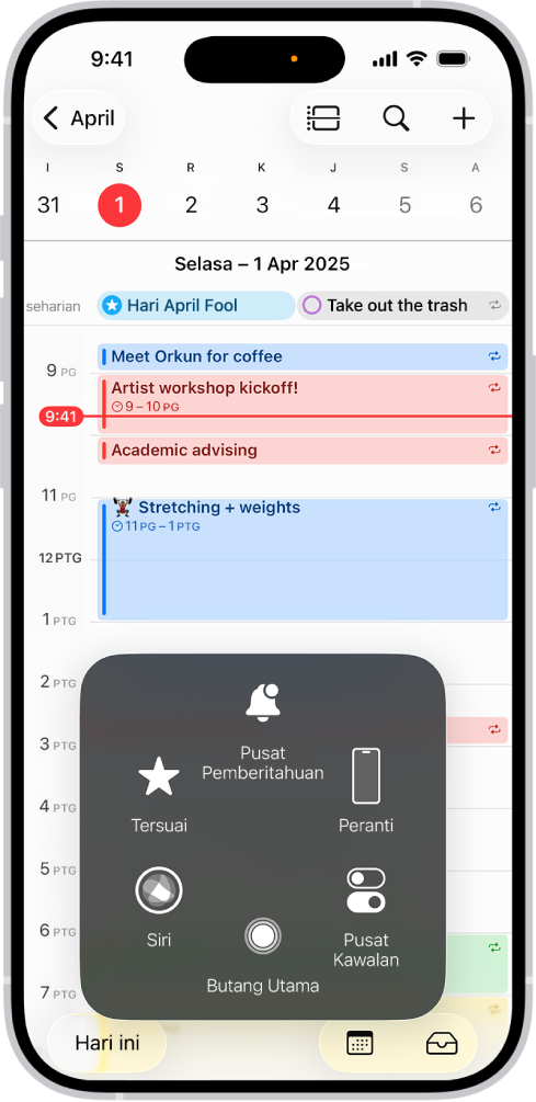 iPhone dengan menu AssistiveTouch kelihatan, menunjukkan kawalan untuk Pusat Pemberitahuan, Peranti, Pusat Kawalan, Utama, Gerak Isyarat dan Tersuai.