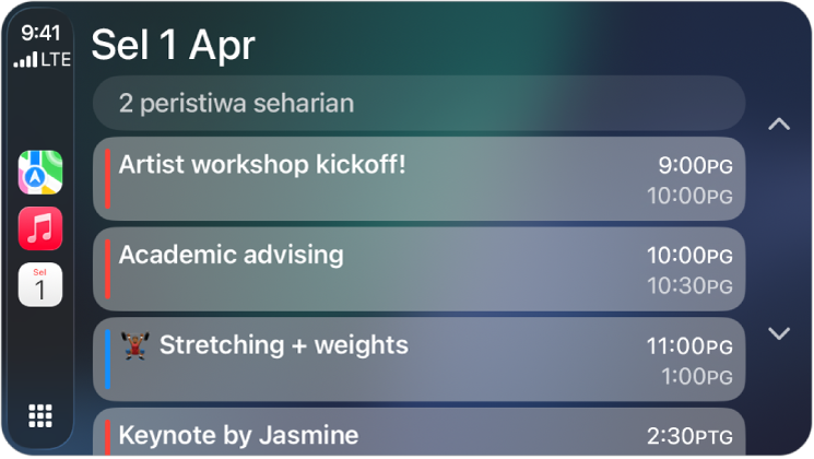 CarPlay menunjukkan Peta, Muzik dan Kalendar dalam Bar Sisi. Di sebelah kanan ialah peristiwa untuk hari Isnin, 5 Jun untuk sesi kerja portfolio, bengkel kemahiran kepimpinan, persediaan pembentangan dan latihan koir.