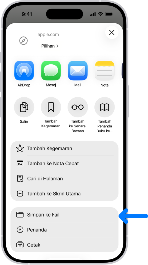 Dalam Safari, butang Kongsi pada PDF telah diketik, yang mendedahkan senarai pilihan termasuk Simpan ke Fail berdekatan bahagian bawah skrin.
